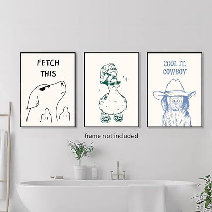 Funny Animal Bathroom Wall Art Set of 3, Cute Funky Dog and Duck Canvas Prints Posters, Simple Fashion Modern Farmhouse Animals Picture for Kids Room Dorm Living Room Wall Decor 12x16 Inch Unframed