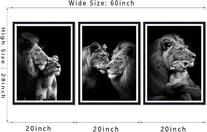 3 Pieces Wildlife Lion Family Framed Canvas Wall Art Black and White Animals Picture Wall Decor for Farmhouse African Animals Print Artwork for Office Nursery Decoration Easy to Hand 16x24inchx3pcs