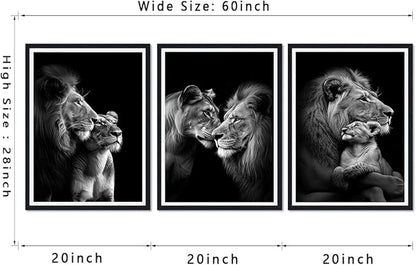 3 Pieces Wildlife Lion Family Framed Canvas Wall Art Black and White Animals Picture Wall Decor for Farmhouse African Animals Print Artwork for Office Nursery Decoration Easy to Hand 16x24inchx3pcs