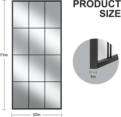 Rowjut Full Length/Floor Mirror, 71"x 32" Window/Wall Decorative Mirrors, Aluminium Framed Window Pane Mirror, Square Wall Mirror for Entryway, Living Room, Bedroom, Fireplace (Black)