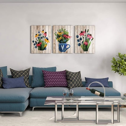Canvas Wall Art For Kitchen Wall Decoration For Living Room Large Size Wall Decor For Bedroom Room Decor Vintage Wood Plant Flowers Wall Painting Office Wall Pictures Artwork Home Decor 3 Piece