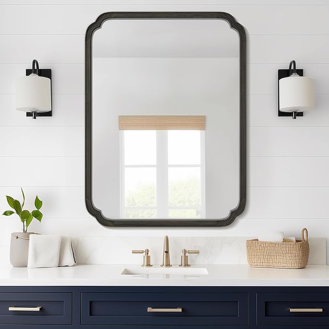 HOMECOOKIN Wood Bathroom Mirror for Wall Decor Arched Rounded Corner Rustic Wood Frame Wall Mirror Home Decorative for Vanity, Living Room, Bedroom, Entryway (30 x 40 inch, Black)