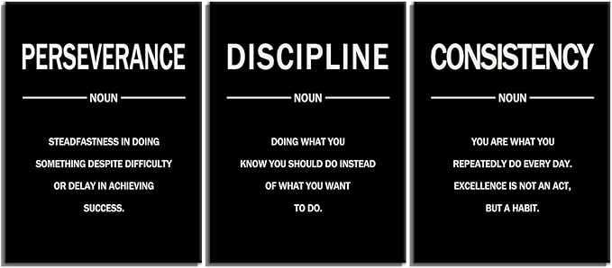 Motivational Wall Decor Perseverance Discipline Consistency 3 Pieces Inspirational Office Posters Positive Picture Prints Artwork for Modern Home Bedroom Gym Classroom Ready to Hang [36''W X 16''H]