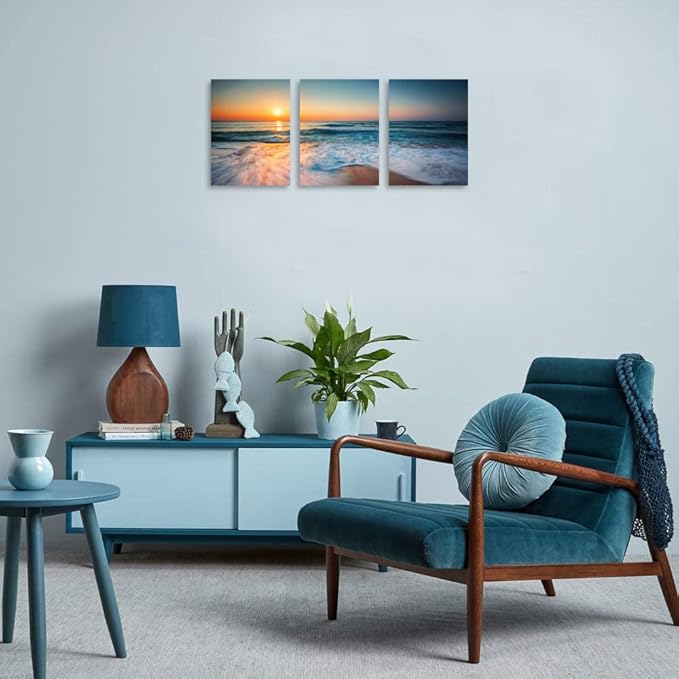 TutuBeer 3 Panels Beach Pictures Wall Art Blue Sea White Beach at Sunrise Pictures Print on Canvas Ocean Pictures Wall Decor Ocean Posters for Walls Stretched and Framed Easy to Hang 12" x 16" x 3