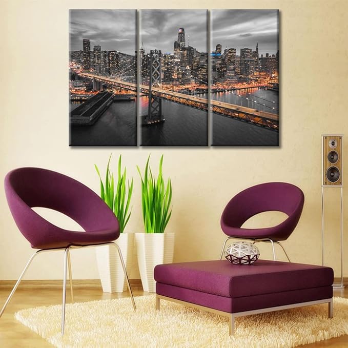 TUMOVO San Francisco and the Bay Bridge at Night Wall Art City Skyline Skyscrapers Pictures Bathroom Decor Wall Art 3 Panel Contemporary Home Decor Print on Canvas Framed Ready to Hang (36" Wx24 H)