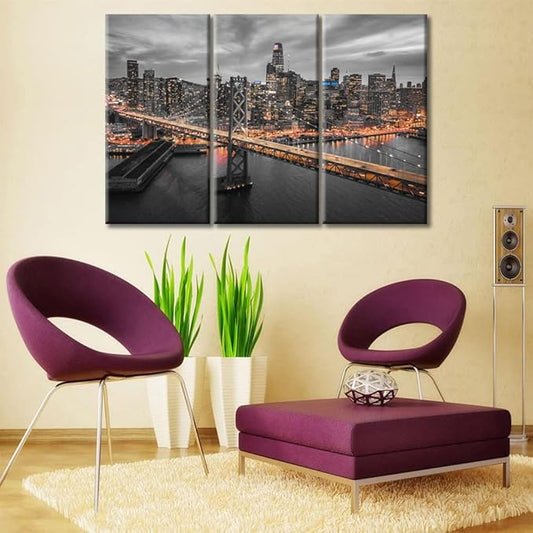 TUMOVO San Francisco and the Bay Bridge at Night Wall Art City Skyline Skyscrapers Pictures Bathroom Decor Wall Art 3 Panel Contemporary Home Decor Print on Canvas Framed Ready to Hang (36" Wx24 H)