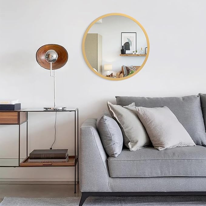 JJUUYOU Wall Mirror 20 Inch Round Wall Mirror for Bathroom Antique Circular Mirrors Washroom Wall Decor Wood Frame Mirrors for Living Room Bedroom Dorm Decorative