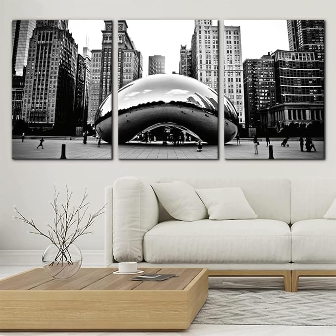3 Pieces Black and White Wall Art - The Millennium Park in Downtown Chicago Photograph Picture Print on Canvas - Cloud Gate Canvas Wall Art for Modern Home Decor Ready to Hang - 20"x28"x3 Panel