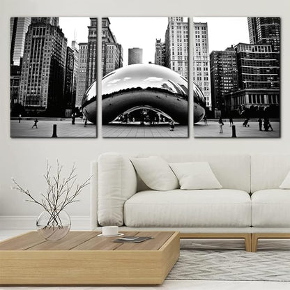 3 Pieces Black and White Wall Art - The Millennium Park in Downtown Chicago Photograph Picture Print on Canvas - Cloud Gate Canvas Wall Art for Modern Home Decor Ready to Hang - 20"x28"x3 Panel