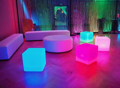 Mr.Go 14-Inch Color Changing LED Cube Light Stool, Glow Cube Seat for Kids, Modern LED Light Side Table, 16 RGB Colors Mood Lighting, Ideal for Home Garden Patio Bar Pool Party Decorative Lighting