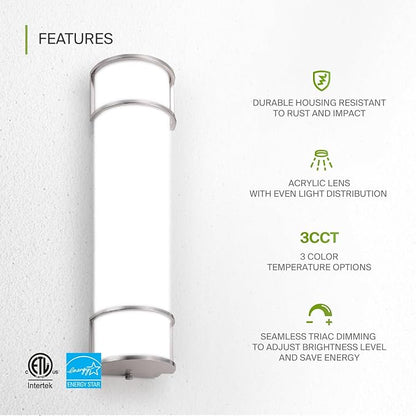 ASD LED 24" Vanity Flush Mount Light Fixture, Linear Bathroom Lighting Bar | 3CCT, Dimmable, Energy Star, ETL Listed | 25W 1950LM 3000-5000K 120V | Long Tube Bath Wall Sconce Over Mirror | Nickel