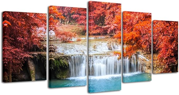 Pyradecor Red Forest Waterfalls Canvas Prints Wall Art Tree Pictures Paintings for Living Room Bedroom Home Decorations Modern 5 Panels Stretched Pretty Landscape Artwork