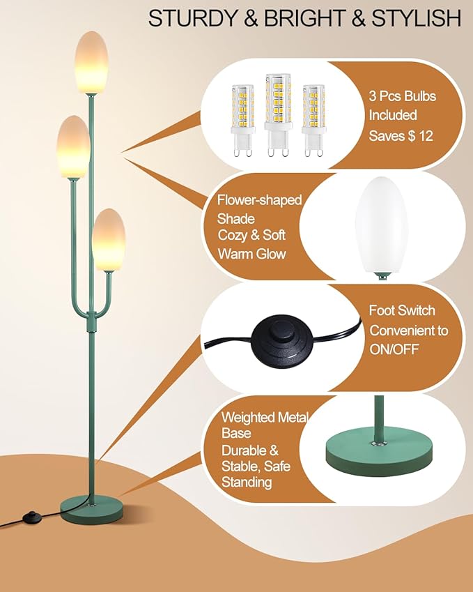 Lightdot 66IN Dimmable Floor Lamp 3-Lights Vintage Floor Lamps with Pebble Shade& Warm White Bulbs for Wedding Party Modern Standing Tall Lamp with 5Lbs Heavy Base for Living Room/Bedroom-Green
