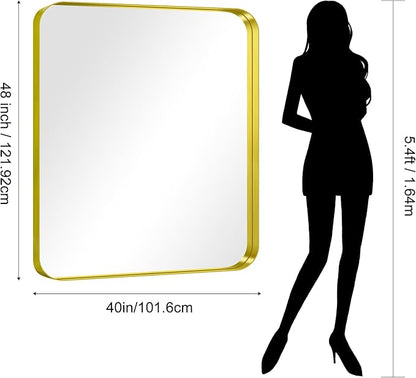 CIRCUMI Gold Bathroom Mirror, 40"x48" Rectangular Mirror with Deep Metal Frame, Rounded Corner, Tempered Glass, Large Mirror for Wall, Over 2 Sinks, Installed Vertically/Horizontally, Crystal-Clear