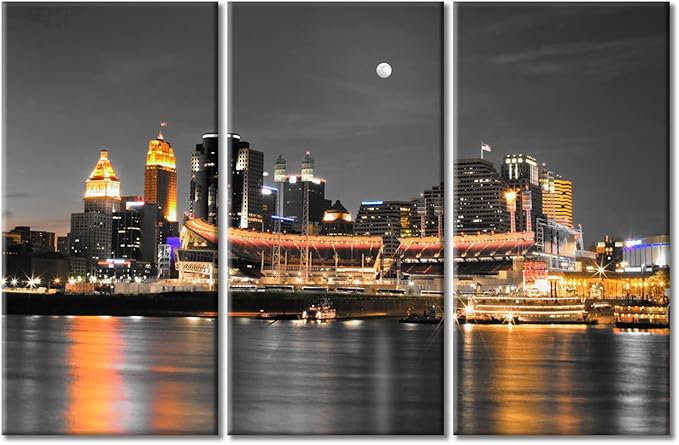 Cincinnati Ohio City Skyline Modern Home Decor American Cityscape Pictures Wall Art for Bedroom, Living Room, Office. 3 Panels Skyscrapers House Decor Ready to Hang (60" Wx40 H)
