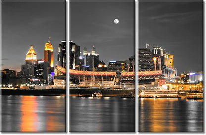 Cincinnati Ohio City Skyline Modern Home Decor American Cityscape Pictures Wall Art for Bedroom, Living Room, Office. 3 Panels Skyscrapers House Decor Ready to Hang (60" Wx40 H)