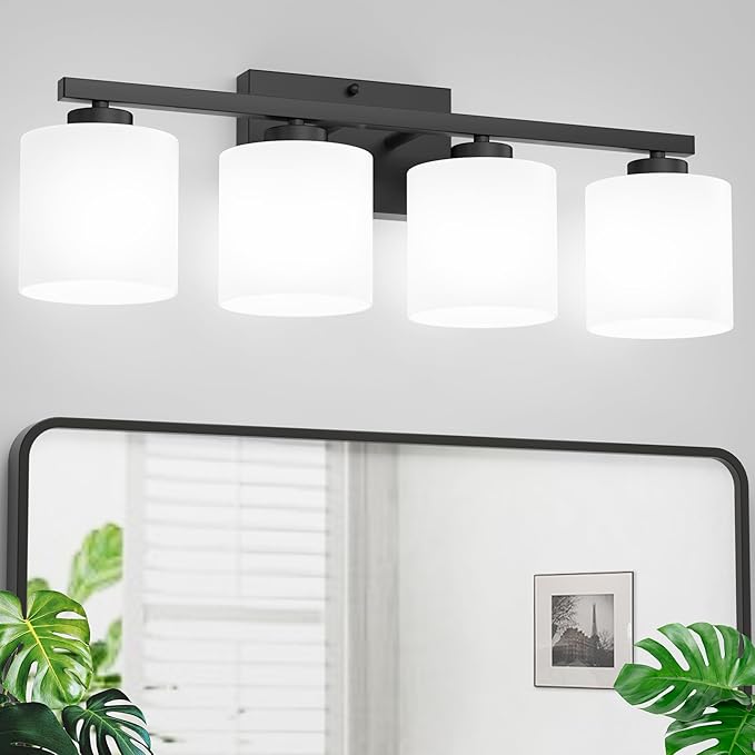 Honesorn 4-Light Vanity Lights, Matte Black with Frosted Shade & Nickel Finish, Modern Bathroom Over Mirror Lighting