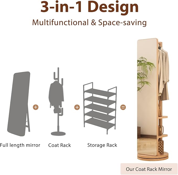 WoodsWhisper Full Length Mirror Coat Rack Solid Wood Floor Mirror 70"x16" Full Length Mirror with Stand Long Mirrors for Bedroom,Living Room (Natural, 70" L x 16" W)