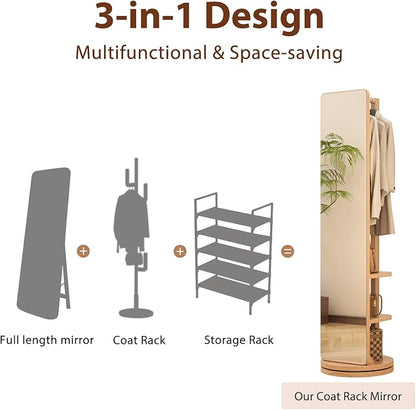 WoodsWhisper Full Length Mirror Coat Rack Solid Wood Floor Mirror 70"x16" Full Length Mirror with Stand Long Mirrors for Bedroom,Living Room (Natural, 70" L x 16" W)