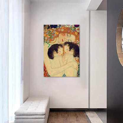 Mother Love Twin Baby Canvas Paintings Wall Art Decor for Living Room Gustav Klimt Nordic Style Posters Printing Pop Art Pictures Stretched and Framed Ready to Hang Home Decoration(24''W x 36''H)