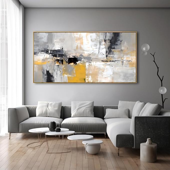 Wall Art Yellow Black White and Grey Modern Artwork for Living Room Bedroom Dining Room Home Office Decor 20"x40" with Framed