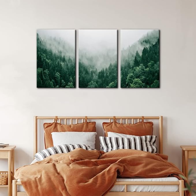 Pacimo Canvas Print Wall Art Set Talking with the Fog Aerial View of Pine Trees in Mist Realism Pictures Print on Canvas Rustic Scenic Modern Artwork Stretch Framed Ready to Hang - 16"x24"x3 Panel