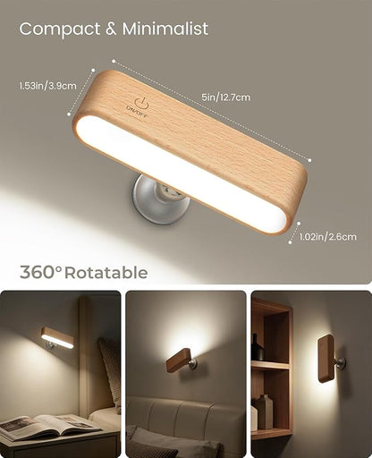 Wood LED Wall Sconce, Magnetic 360° Rotatable Wall Mounted Night Light & Reading Light, Small Rechargeable Battery Powered Bedside Wall Lamp for Bedroom, Living Room, Beech Wood