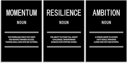 WYJZDZQ8 Ambition Momentum Resilience 3 Panel Inspirational Canvas Print Wall Art Motivational Poster Picture Painting Modern Inspiring Artwork for Home Office Living Room Wall Decor [48''Wx 24''H]