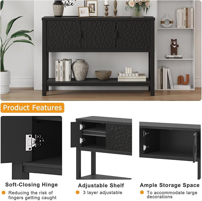 FATORRI Black Console Table with Storage, 47” Modern Farmhouse Entryway Table with 3 Doors, Sofa Table for Hallway, Living Room, Foyer