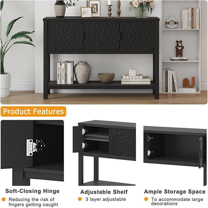 FATORRI Black Console Table with Storage, 47” Modern Farmhouse Entryway Table with 3 Doors, Sofa Table for Hallway, Living Room, Foyer