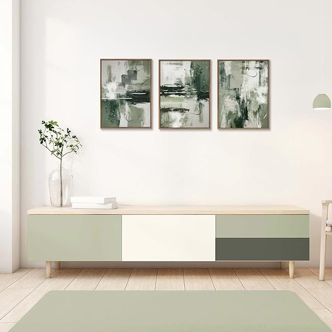 myusuar 3 Piece Large Modern Abstract Canvas Framed Wall Art For Living Room, Sage Green Minimalist Wall Art Decor Posters Prints For Bedroom Office, 12x16in