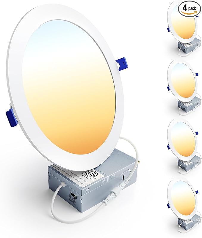 Ensenior 4 Pack 8 Inch LED Recessed Light, Dimmable, 2700K-5000K 5CCT, 1600LM High Brightness, 18W 120V, Damp Rated, Ultra-Thin Canless Wafer Light - ETL & FCC & IC