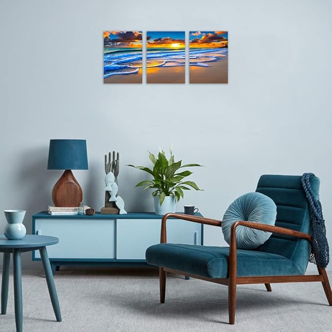 TutuBeer 3 Pcs Wall Decor Beach Ocean Pictures Sunrise over the Beach Pictures Print on Canvas Seascape Canvas Coastal Wall Art Ocean Wall Art Stretched and Framed 12" x 16" x 3