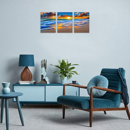 TutuBeer 3 Pcs Wall Decor Beach Ocean Pictures Sunrise over the Beach Pictures Print on Canvas Seascape Canvas Coastal Wall Art Ocean Wall Art Stretched and Framed 12" x 16" x 3