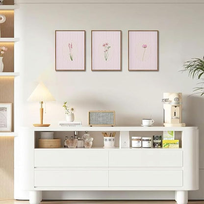 KISSFOX 3 Piece Framed Wall Art Wildflowers Wall Decor Botanical Canvas Art Floral Pictures Stripe Paintings Pink Prints Boho Artwork for Bedroom Living Room