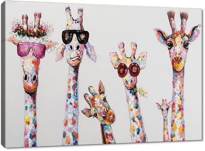 Giraffes Graffiti Canvas Wall Art for Living Room Bansky Wall Decor Colorful Animal Posters Prints Modern Home Decoration Framed Ready to Hang 18x24inch