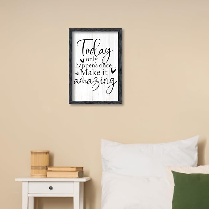 AuraPeak Today Only Happens Once Make It Amazing Inspirationa Quotes Office Wall Decor, Motivational Sayings Frame Rustic Home Living Room Laundry Room Wall Art Hanging (Black 16"×10")