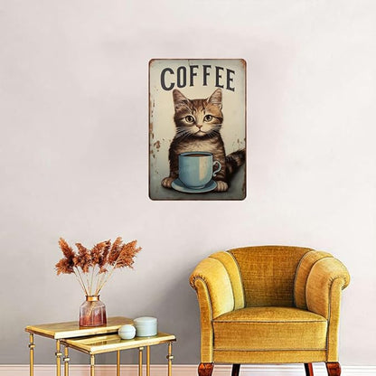 Metal Signs cat coffee retro Sign Vintage Signs Retro Aluminum Tin Sign for Kitchen Office Home Bar Cafe Decor 8x12 Inch