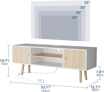 Cozy Castle TV Stand for 48-55 Inch TV, Mid Century Modern Entertainment Center with Storage Cabinet, TV Media Console with Charging Station for Living Room (Oak, 53.1" W x 15.7" D x 19.7" H)