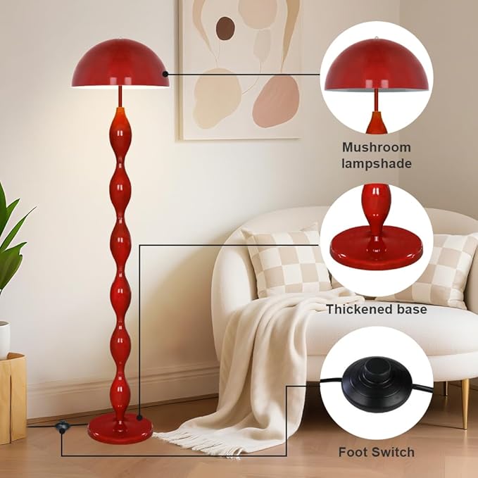 Floor Lamp Creative Mushroom Lamp, Creamy Style Modern Tall Lamp with Foot Switch, Red Standing Lamp for Living Room, Bedroom, Office, Corner, E26/E27 Bulbs Compatible