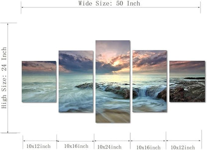 Romantic Beach Landscape Painting on Canvas 5 Piece Set Combination Posters and Prints Modern Pictures Wall Art for Living Room Home Decor Gallery-wrapped Framed (50''W x 24''H)