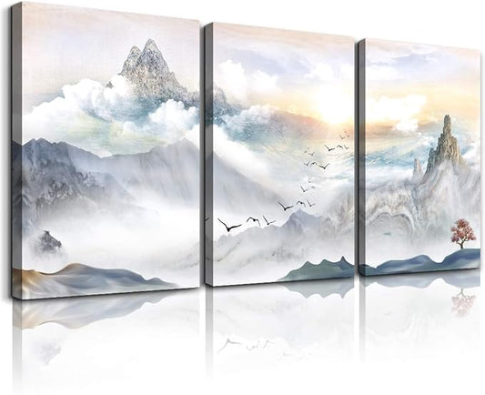 Mountain Landscape Abstract Painting Canvas Wall Art For Living Room Bathroom Wall Decor For Bedroom Kitchen Artwork Canvas Prints 3 Pieces Modern Framed Office Home Decorations Watercolor Picture