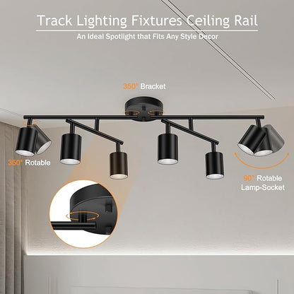 BoostArea 6 Light Track Lighting Kit, Black 6 Way Ceiling Spot Lighting, Center Swivel Track Light Heads, Flexibly Rotatable Light Head for Kitchen, Living Room, Bedroom, GU10 Bulb Not Included