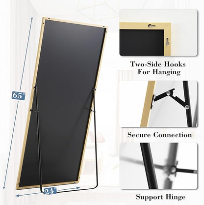 DUMOS Full Length Mirror with Stand 24"x65" Floor Standing Aluminum Frame for Bedroom Body Hanging Leaning Modern Simple Home Decor Shatter-proorf Nano Glass Wall Living Room Cloakroom, Gold