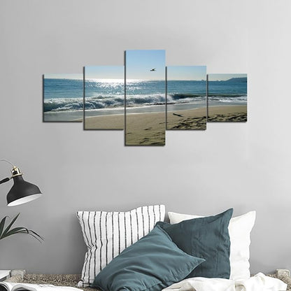 Beach Wave Ocean Painting on Canvas 5 Piece Wall Art Modern Landscape Scenery Posters and Prints Pictures for Living Room Bedroom Gallery-wrapped Canvas Art Set Framed (50''W x 24''H)