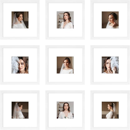 8x8 Picture Frame Set of 9, Display Pictures 4x4 with Mat or 8x8 without Mat, Multi Collage Gallery Square Photo Frames for Wall or Tabletop, White