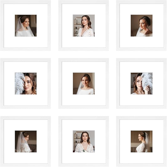 8x8 Picture Frame Set of 9, Display Pictures 4x4 with Mat or 8x8 without Mat, Multi Collage Gallery Square Photo Frames for Wall or Tabletop, White