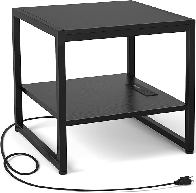 Homieasy End Table with Charging Station, 20" Mini Fridge Stand with Power Outlets, Heavy Duty Side Table for Living Room, Small Table Stand & Fridge Table, Black