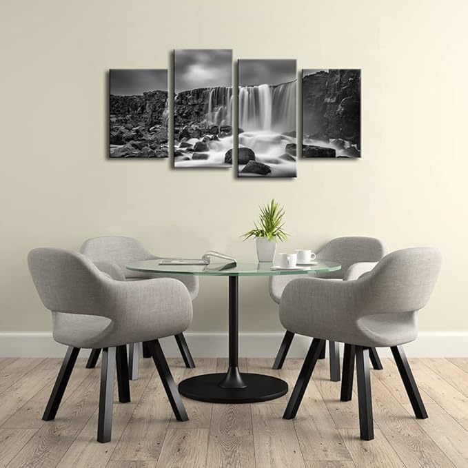 Pyradecor 4 panels Black and White Rocky Waterfall Pictures Paintings on Canvas Wall Art Prints for Wall Decor Living Room Modern Grace Landscape Sea Beach Giclee Canvas Print Artwork Home Decorations