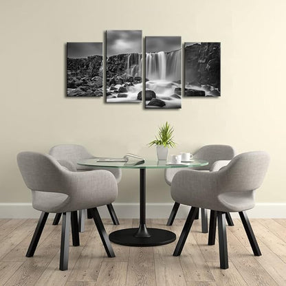 Pyradecor 4 panels Black and White Rocky Waterfall Pictures Paintings on Canvas Wall Art Prints for Wall Decor Living Room Modern Grace Landscape Sea Beach Giclee Canvas Print Artwork Home Decorations